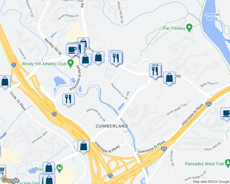 map of restaurants, bars, coffee shops, grocery stores, and more near 800 Parkwood Circle Southeast in Atlanta