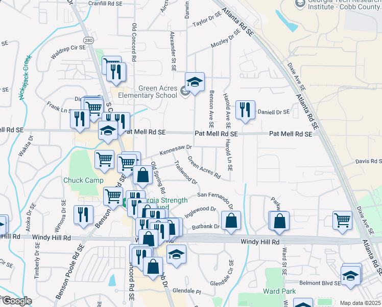 map of restaurants, bars, coffee shops, grocery stores, and more near 618 Green Acres Road in Smyrna