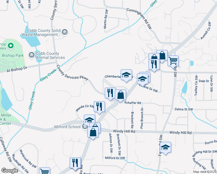 map of restaurants, bars, coffee shops, grocery stores, and more near 725 South Fork Drive Southwest in Marietta