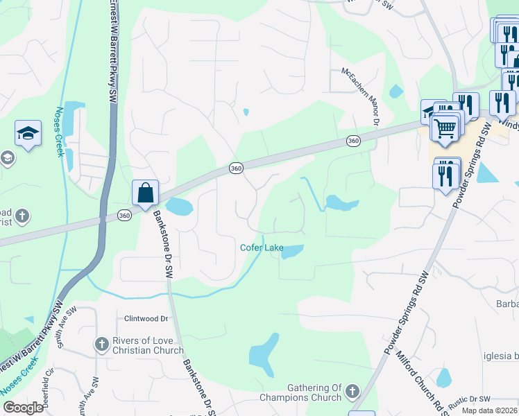 map of restaurants, bars, coffee shops, grocery stores, and more near 2252 Caneridge Trail Southwest in Marietta