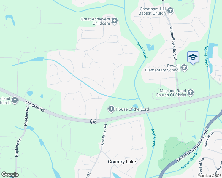 map of restaurants, bars, coffee shops, grocery stores, and more near 2262 Leatherstone Drive in Powder Springs