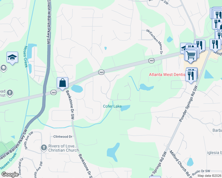 map of restaurants, bars, coffee shops, grocery stores, and more near 2252 Caneridge Trail Southwest in Marietta
