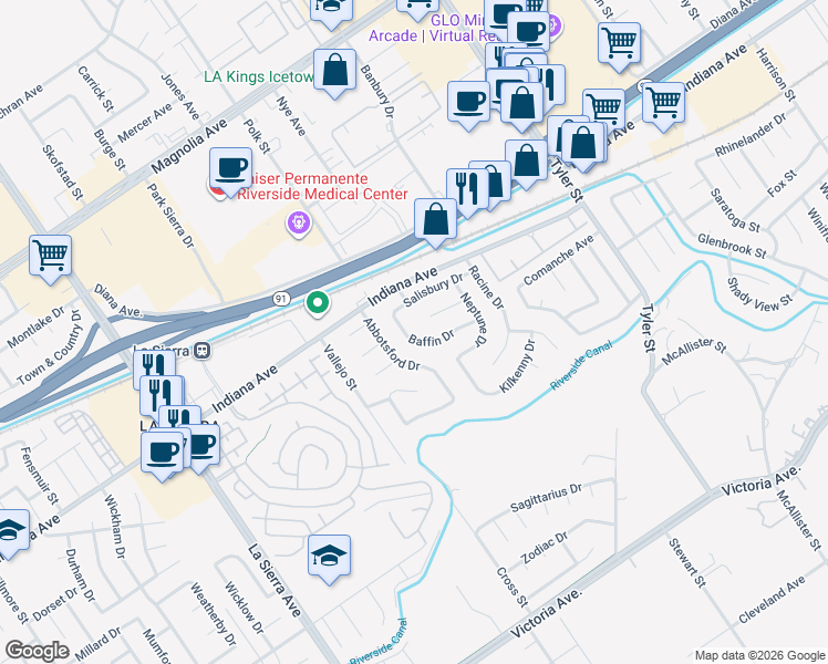 map of restaurants, bars, coffee shops, grocery stores, and more near 3283 Baffin Drive in Riverside