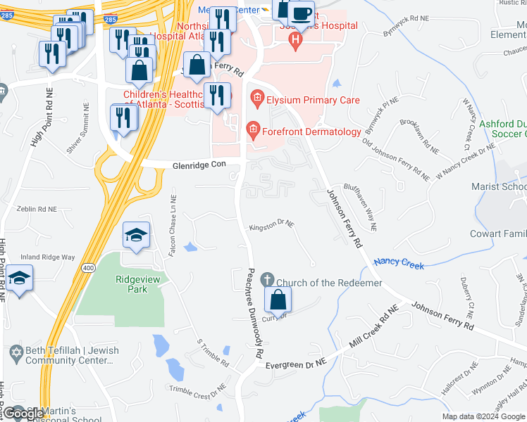 map of restaurants, bars, coffee shops, grocery stores, and more near 1090 Kingston Drive Northeast in Atlanta