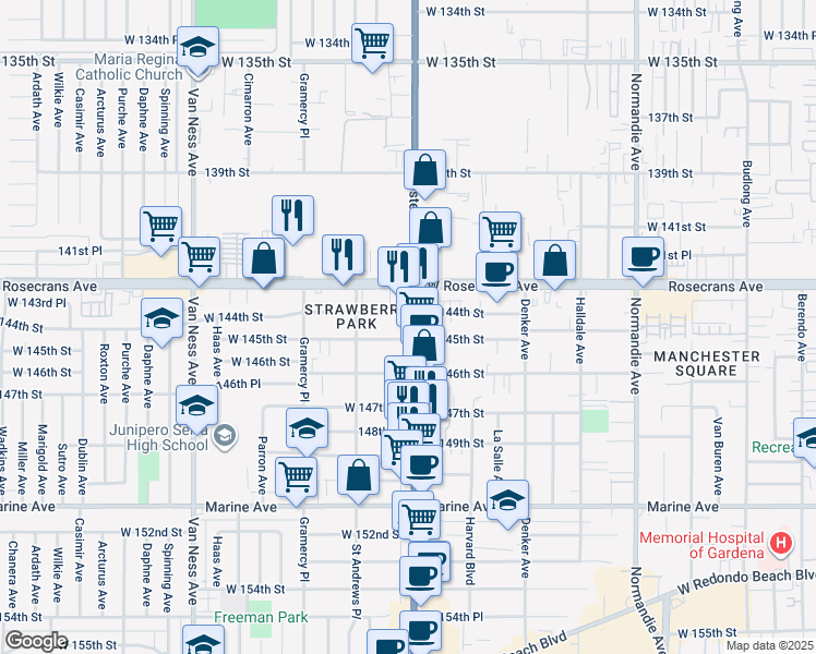 map of restaurants, bars, coffee shops, grocery stores, and more near 14501 South Western Avenue in Gardena