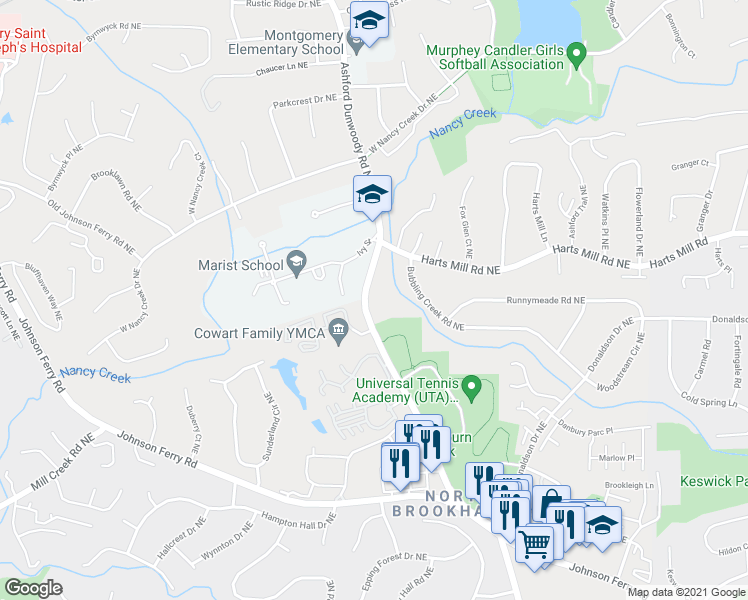 map of restaurants, bars, coffee shops, grocery stores, and more near 3713 Ashford Dunwoody Road Northeast in Atlanta