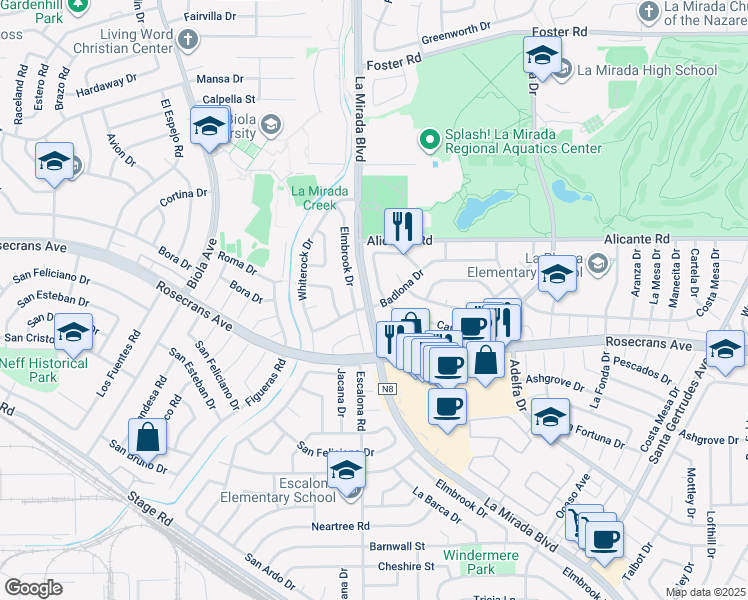 map of restaurants, bars, coffee shops, grocery stores, and more near 15005 Badlona Drive in La Mirada