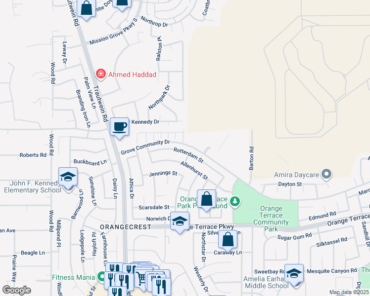 map of restaurants, bars, coffee shops, grocery stores, and more near 19562 Rotterdam Street in Riverside