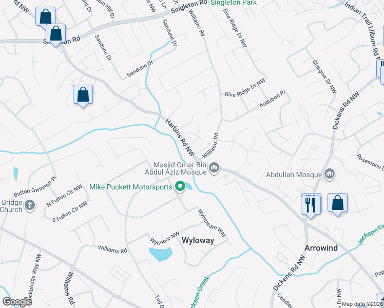 map of restaurants, bars, coffee shops, grocery stores, and more near 5423-5481 Williams Rd in Norcross
