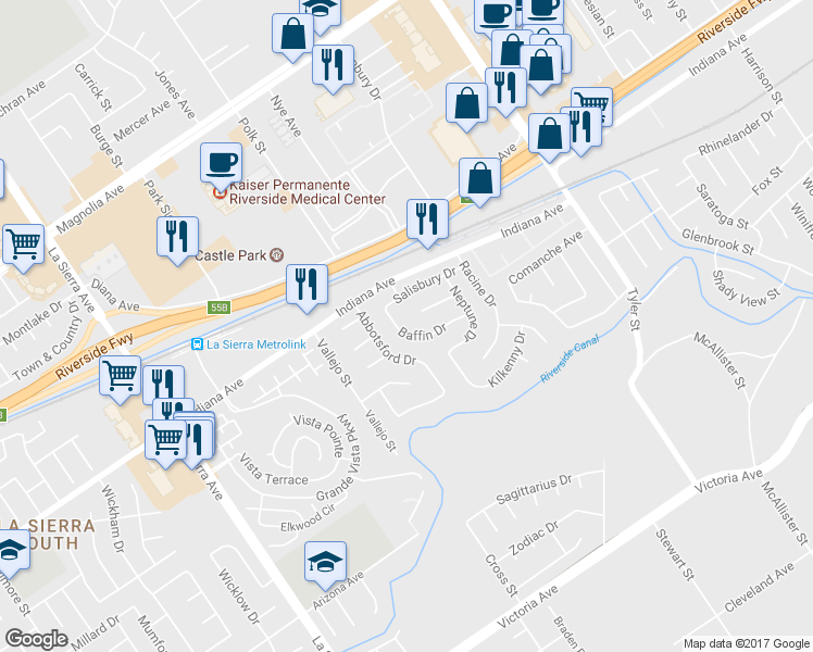 map of restaurants, bars, coffee shops, grocery stores, and more near 3283 Baffin Drive in Riverside
