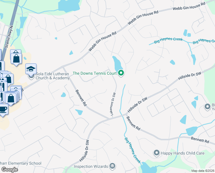 map of restaurants, bars, coffee shops, grocery stores, and more near 1079 Westwood Place Southwest in Grayson