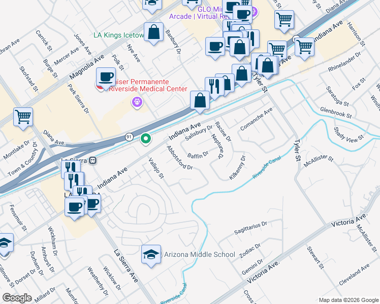 map of restaurants, bars, coffee shops, grocery stores, and more near 3272 Baffin Drive in Riverside