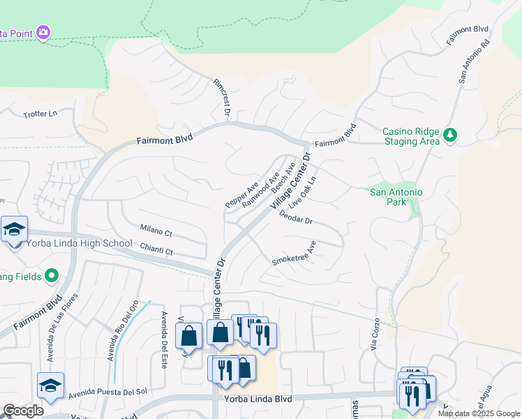 map of restaurants, bars, coffee shops, grocery stores, and more near 4168 Beech Avenue in Yorba Linda