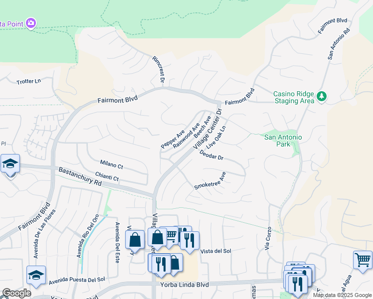 map of restaurants, bars, coffee shops, grocery stores, and more near 4168 Beech Avenue in Yorba Linda