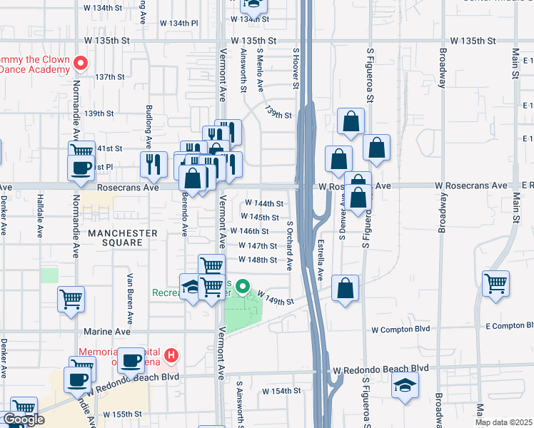 map of restaurants, bars, coffee shops, grocery stores, and more near 737 West 145th Street in Gardena