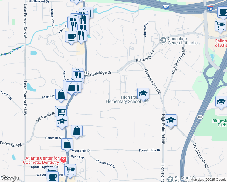 map of restaurants, bars, coffee shops, grocery stores, and more near 29 Greenland Trce in Atlanta