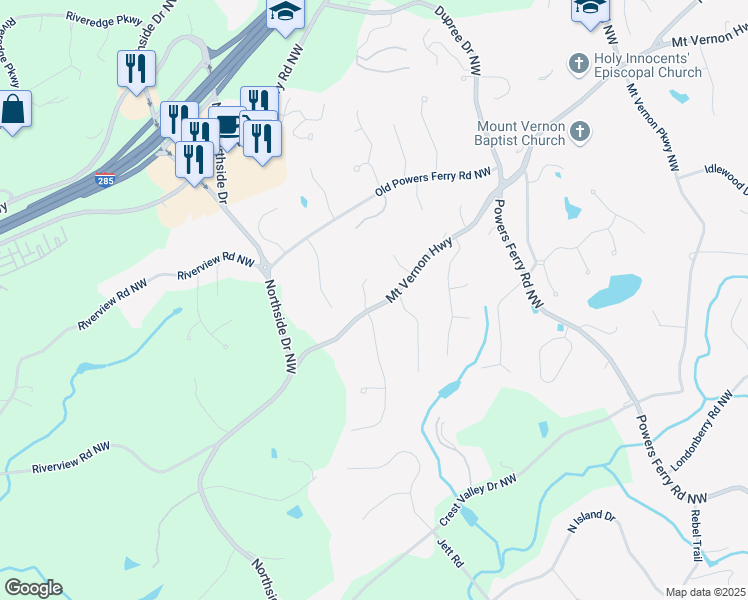 map of restaurants, bars, coffee shops, grocery stores, and more near 5284 Vernon Springs Trail Northwest in Sandy Springs