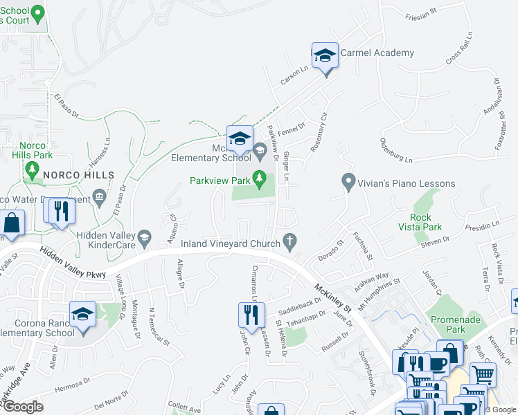 map of restaurants, bars, coffee shops, grocery stores, and more near 1020 Vista Del Cerro Drive in Corona