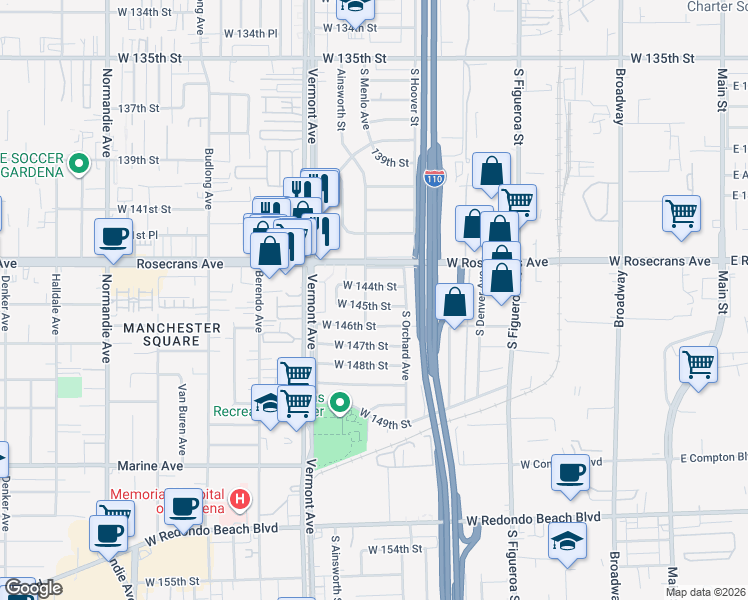 map of restaurants, bars, coffee shops, grocery stores, and more near 737 West 145th Street in Gardena