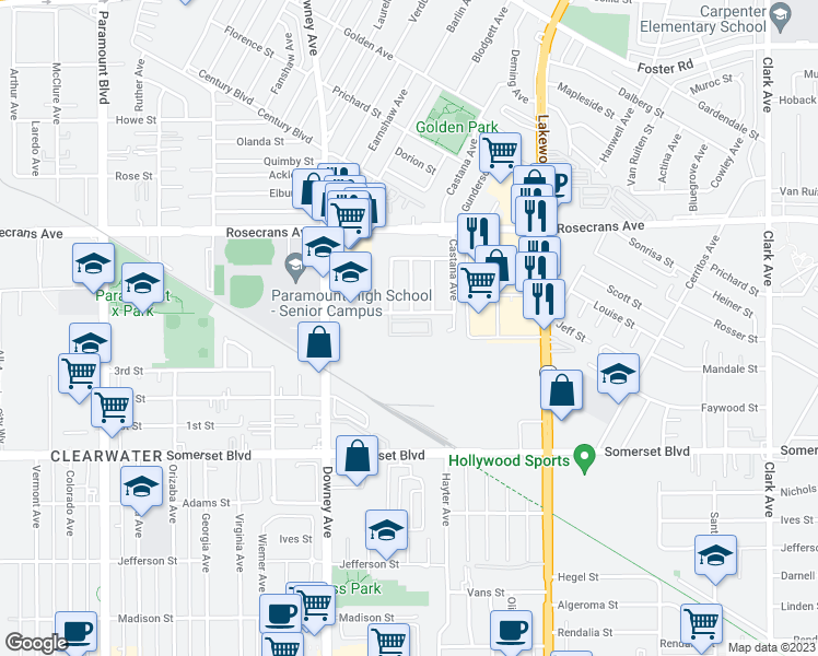 map of restaurants, bars, coffee shops, grocery stores, and more near 8600 Contreras Street in Paramount