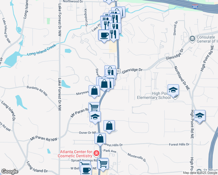 map of restaurants, bars, coffee shops, grocery stores, and more near 5320 Roswell Road Northeast in Atlanta