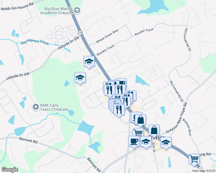 map of restaurants, bars, coffee shops, grocery stores, and more near 460 Glens Farm Way in Grayson
