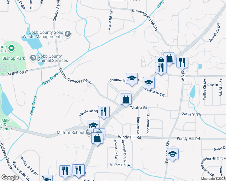 map of restaurants, bars, coffee shops, grocery stores, and more near 725 South Fork Drive Southwest in Marietta