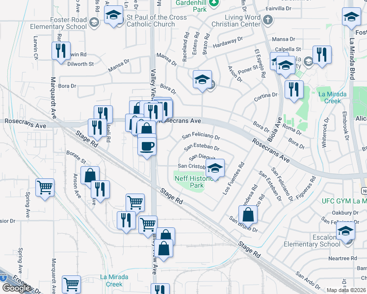 map of restaurants, bars, coffee shops, grocery stores, and more near 14349 San Esteban Drive in La Mirada