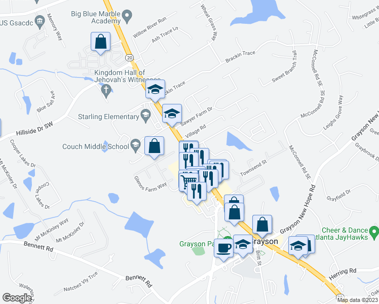 map of restaurants, bars, coffee shops, grocery stores, and more near 744 Clark Lake Estates Drive in Grayson
