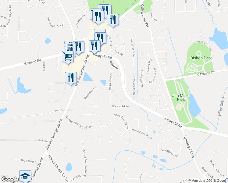 map of restaurants, bars, coffee shops, grocery stores, and more near 625 Winston Road Southwest in Marietta