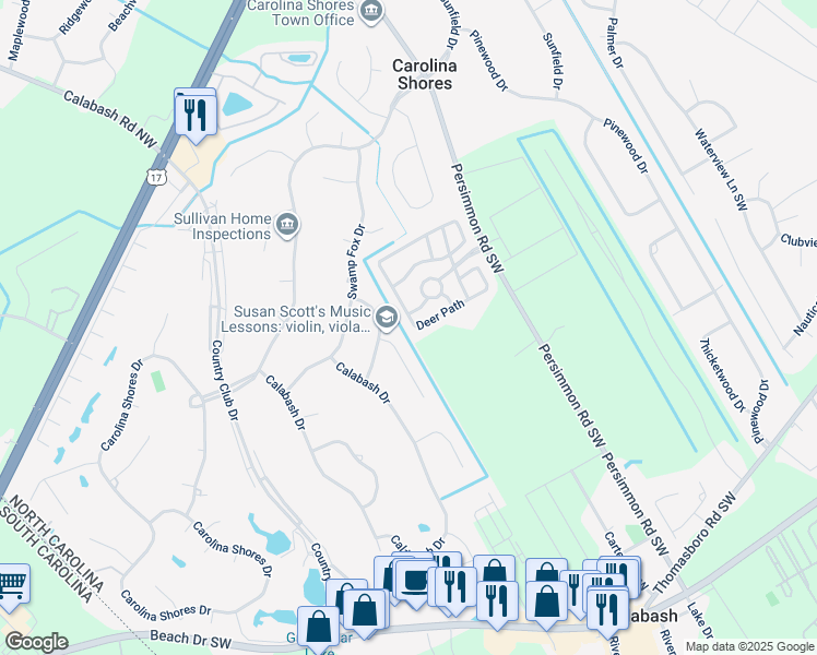 map of restaurants, bars, coffee shops, grocery stores, and more near 445 Deer Path in Calabash