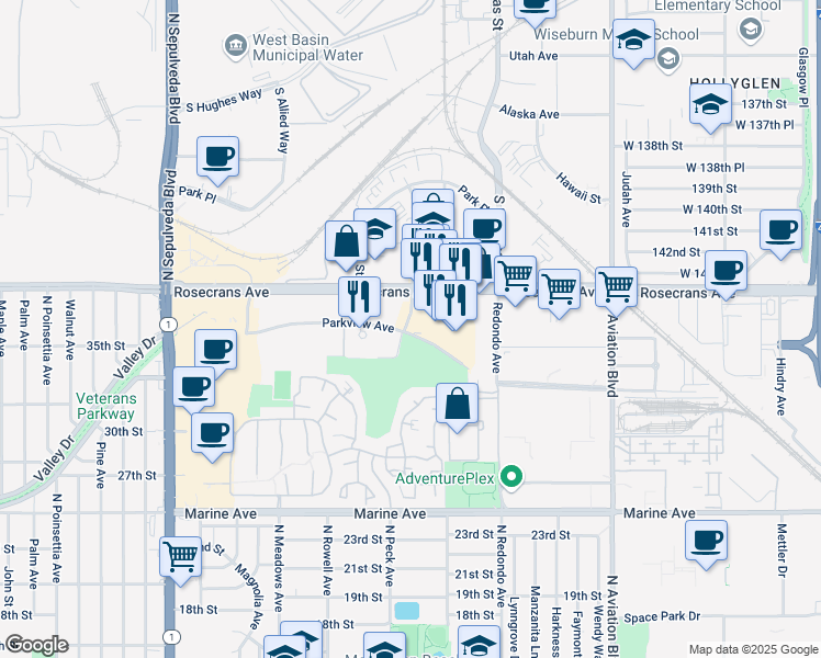 map of restaurants, bars, coffee shops, grocery stores, and more near 1570A Parkview Avenue in Manhattan Beach