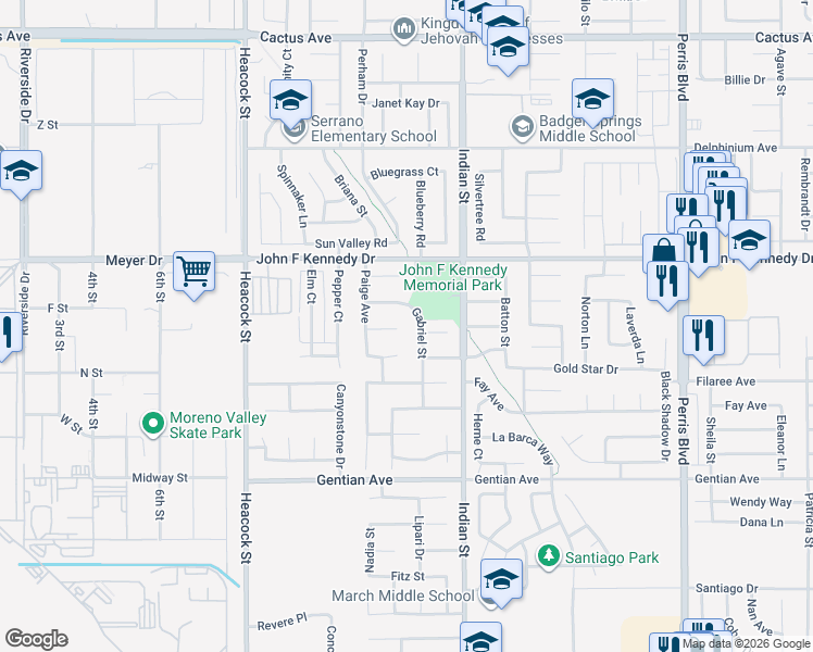map of restaurants, bars, coffee shops, grocery stores, and more near 24348 Karry Court in Moreno Valley