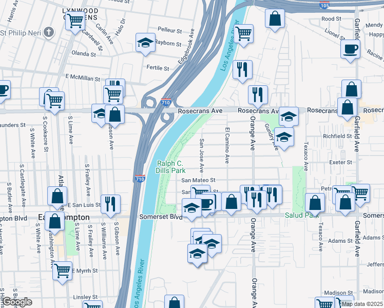 map of restaurants, bars, coffee shops, grocery stores, and more near 6537 San Miguel Street in Paramount