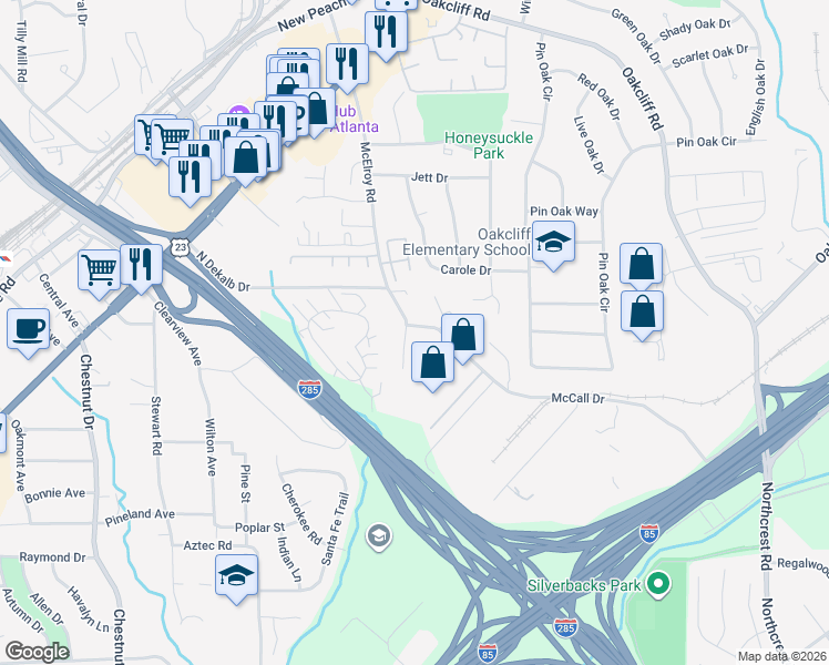 map of restaurants, bars, coffee shops, grocery stores, and more near 3717 McElroy Road in Doraville