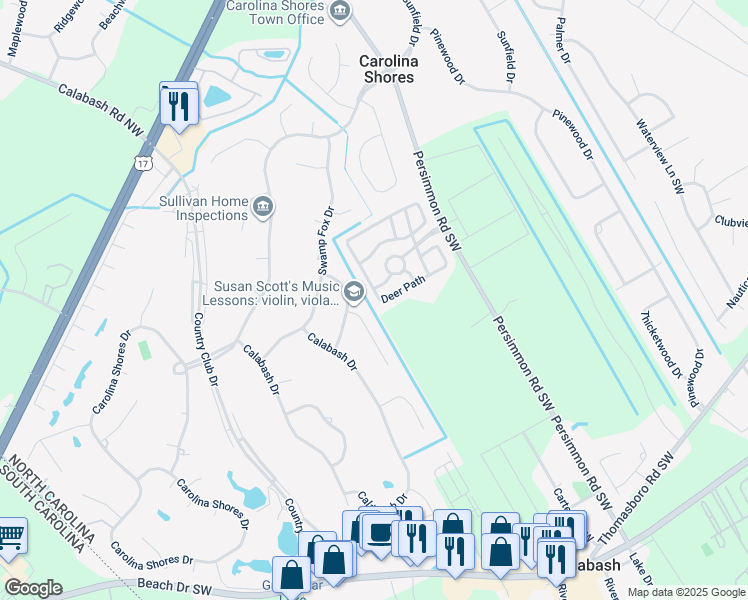 map of restaurants, bars, coffee shops, grocery stores, and more near 445 Deer Path in Calabash