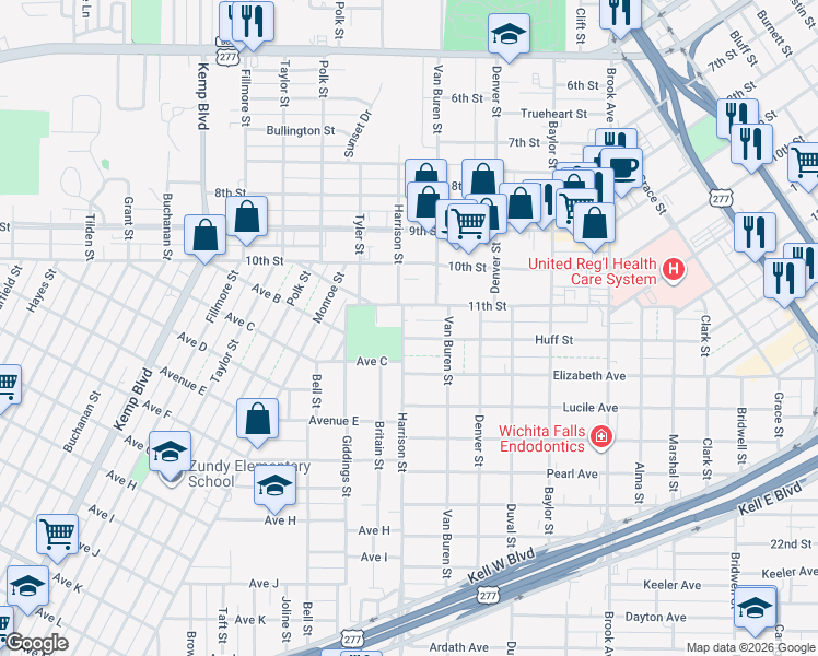 map of restaurants, bars, coffee shops, grocery stores, and more near 2011 Huff Street in Wichita Falls