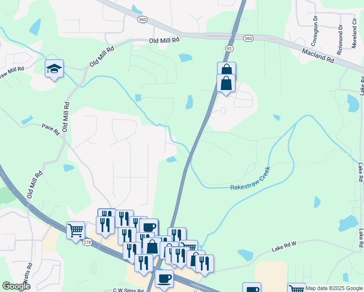 map of restaurants, bars, coffee shops, grocery stores, and more near 80 Indian Lake Drive in Hiram