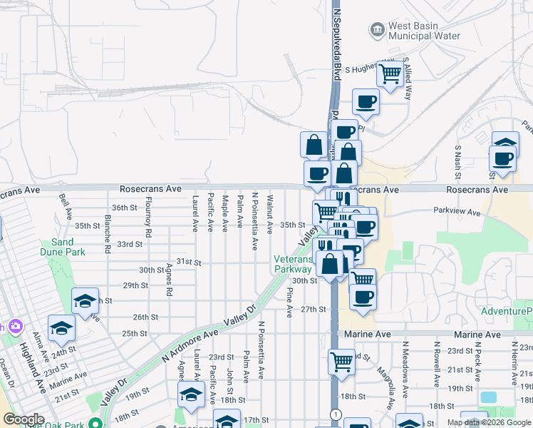 map of restaurants, bars, coffee shops, grocery stores, and more near 3517 Walnut Avenue in Manhattan Beach