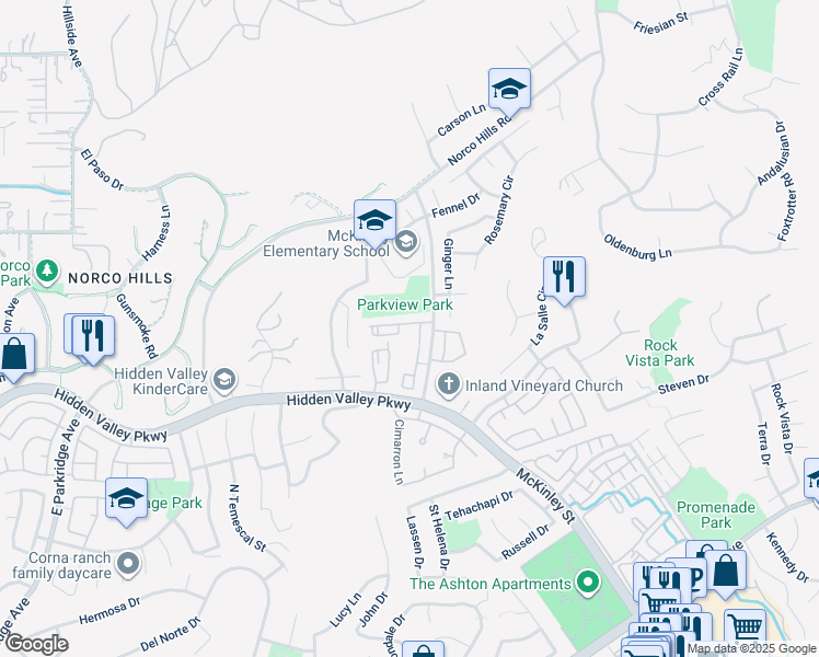 map of restaurants, bars, coffee shops, grocery stores, and more near 1020 Vista Del Cerro Drive in Corona