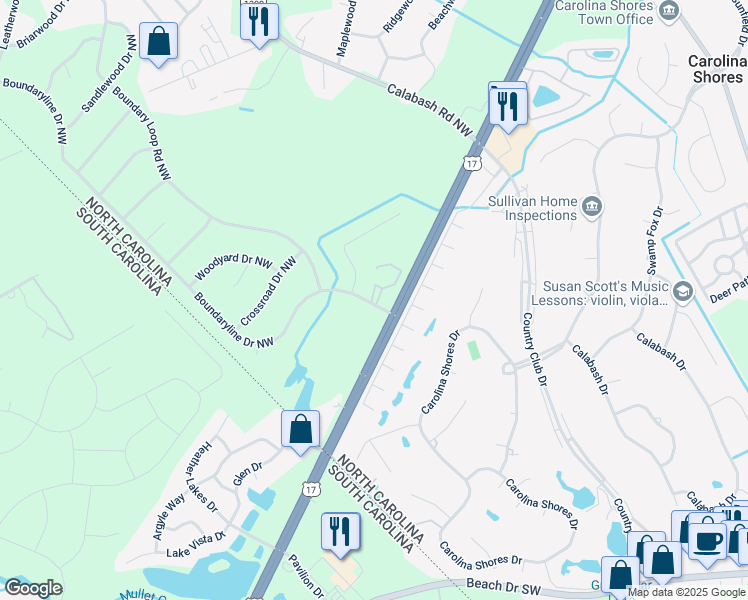 map of restaurants, bars, coffee shops, grocery stores, and more near 24 Boundaryline Drive Northwest in Calabash