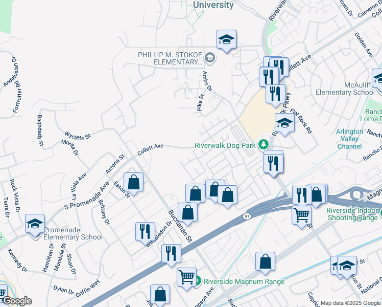 map of restaurants, bars, coffee shops, grocery stores, and more near 4150 Tuscola Place in Riverside
