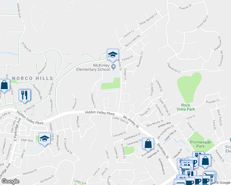 map of restaurants, bars, coffee shops, grocery stores, and more near 1020 Vista Del Cerro Drive in Corona
