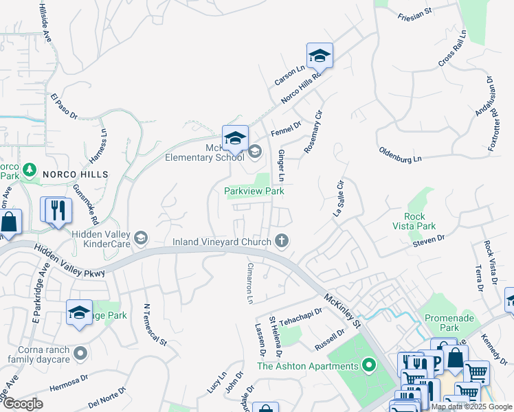 map of restaurants, bars, coffee shops, grocery stores, and more near 1020 Vista Del Cerro Drive in Corona