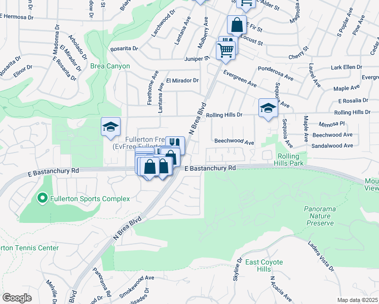 map of restaurants, bars, coffee shops, grocery stores, and more near in Fullerton
