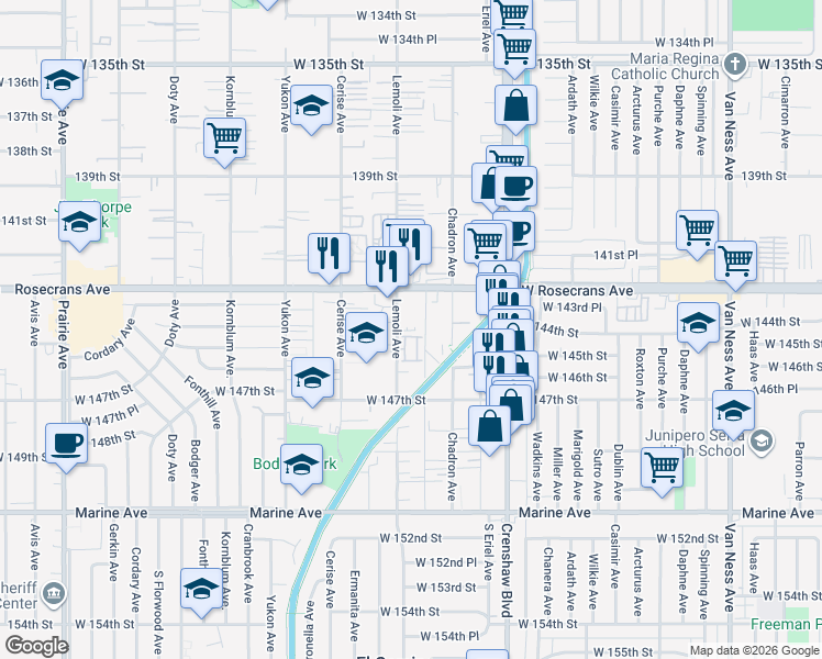 map of restaurants, bars, coffee shops, grocery stores, and more near 14408 1/2 Lemoli Avenue in Hawthorne