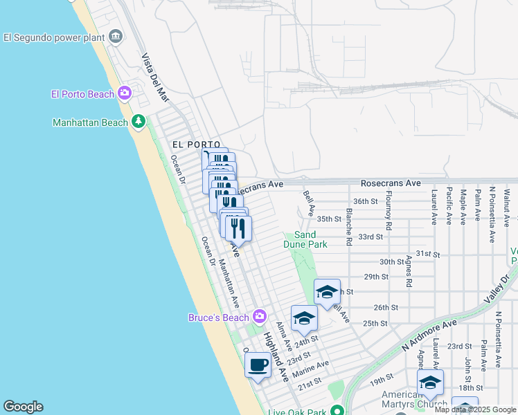 map of restaurants, bars, coffee shops, grocery stores, and more near 380 35th Street in Manhattan Beach