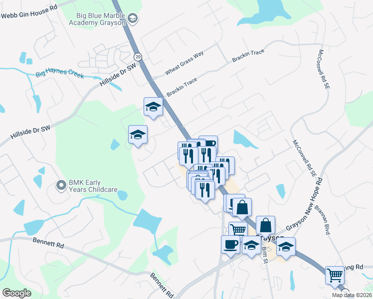 map of restaurants, bars, coffee shops, grocery stores, and more near 460 Glens Farm Way in Grayson