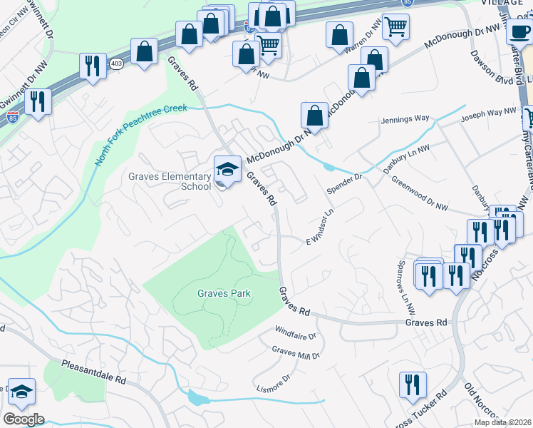map of restaurants, bars, coffee shops, grocery stores, and more near 6624 Ramgates Way Northwest in Norcross