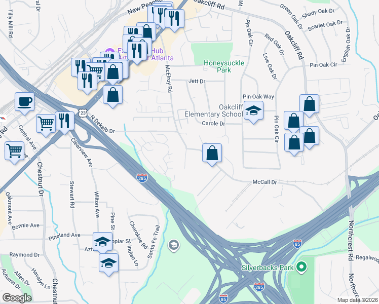 map of restaurants, bars, coffee shops, grocery stores, and more near 3717 McElroy Road in Doraville